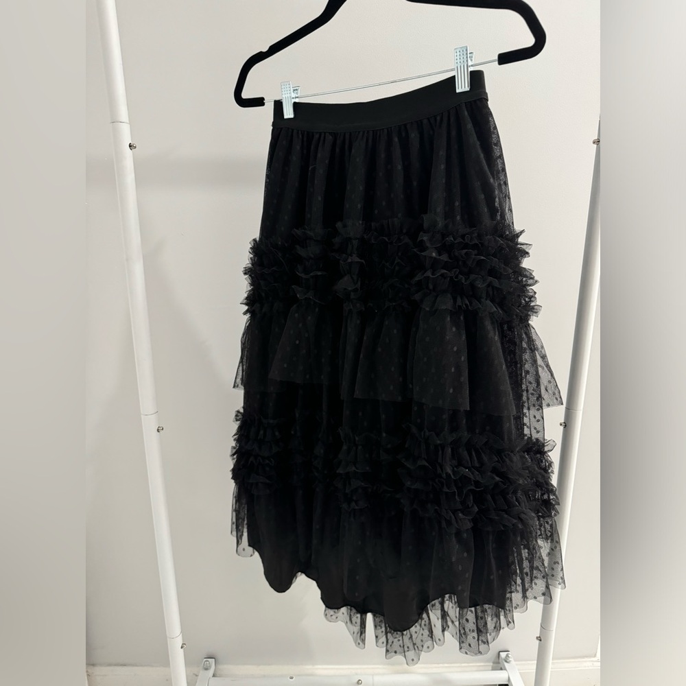 NWT Beulah Women's Black Polka Dot Lace Tiered High Low Midi Maxi Skirt - Picture 2 of 5